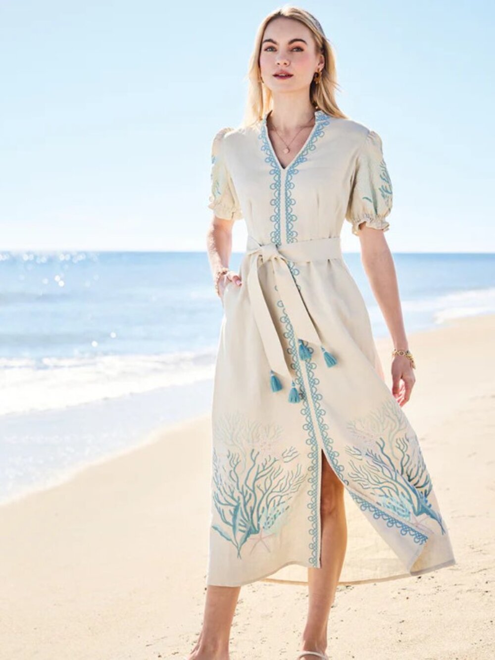 Spartina 449 Marilyn Linen Flax Embroidered Sea Coral Midi Dress Size XL